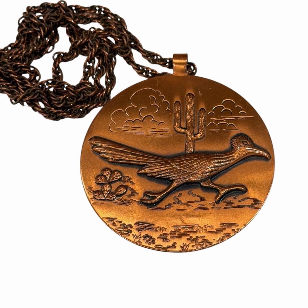 Vintage Bell Trading Post Solid Copper Roadrunner Necklace Pendant Southwest MCM